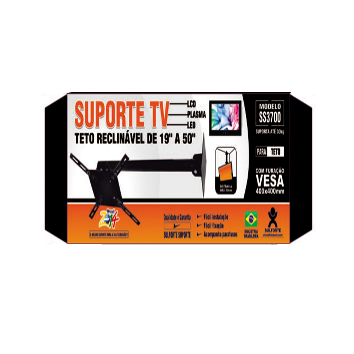 SUPORTE TV TETO SS 3700 ARTICULADO E RECLINAVEL 60 CM VESA 400 MM X 400 MM