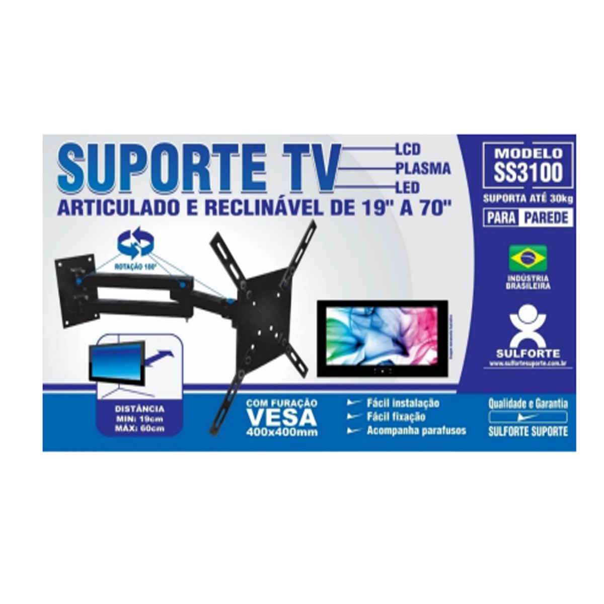 SUPORTE TV ARTICULADO E RECLINAVEL SS 3100 VESA 400 MM X 400 MM Z