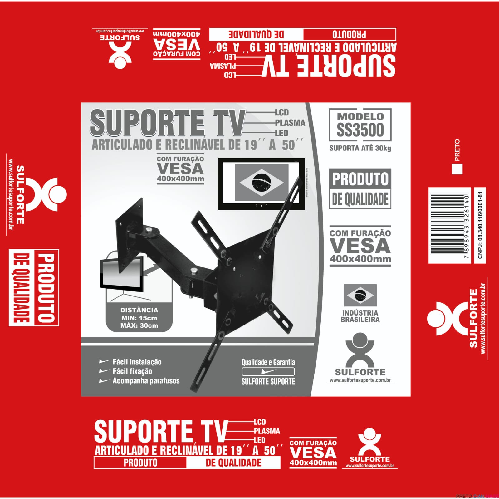 SUPORTE TV ARTICULADO E RECLINAVEL SS 3500 VESA 400 MM X 400 MM Z